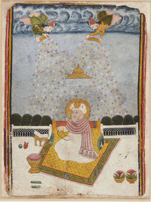
	
		A Pandi (priest) receiving a shower of flower blossoms and holding a rose wreath, Deccan,...