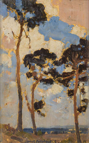 
	
		James Paterson ARSA, 
		Scottish 1854-1932- 
		 
		Fir Trees; 
		 
		oil on panel,...