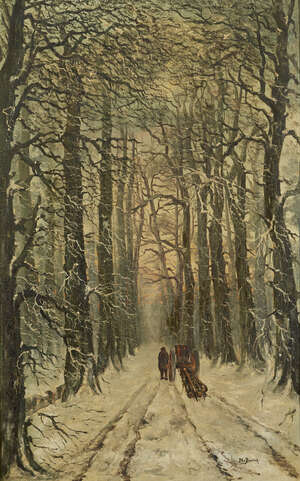 
	
		P K van Doornik, 
		Belgian, mid/late 19th century- 
		 
		Treelined path with man and...