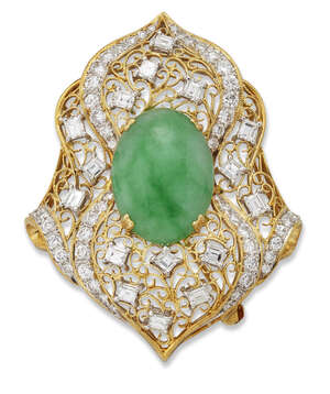 
	
		A jadeite jade and diamond brooch, designed as a cartouche shaped pierced panel with...