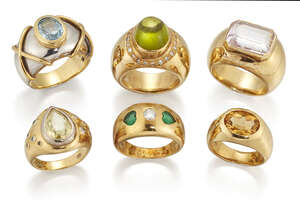 
	
		Six various gem-set and bombe rings, gems include emerald, aquamarine, peridot, and...