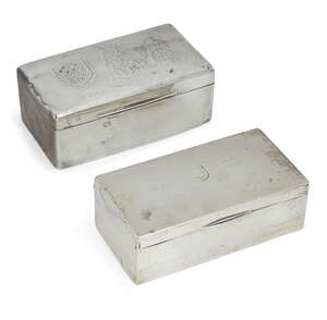 
	
		Two Edwardian silver cigarette boxes, both of rectangular form with wood-lined interiors,...