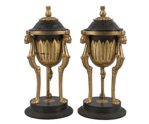 
	
		A pair of French gilt and patinated bronze cassolette candlesticks, 19th century, with...