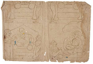 Three Pahari drawings, North India, 18th-20th century, ink on paper, the first divided in four...