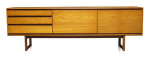 
	
		White and Newton Ltd, a teak sideboard 
		c.1960s 
		with three drawers, a fall front...