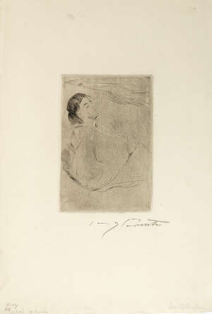 Lovis Corinth, German 1858-1925- Man reclining on a beach, c.1916; etching, signed in pencil, sheet 36.7x 25cm (unframed)