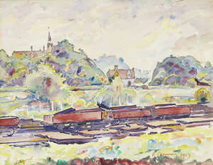 
	
		James Brown,
		British 1863-1943-
		 
		Sidings at Ashford;
		 
		watercolour, signed...