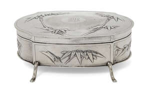 
	
		A Chinese silver oval dressing table box, Zee Sung, repousse decorated to the cover and...