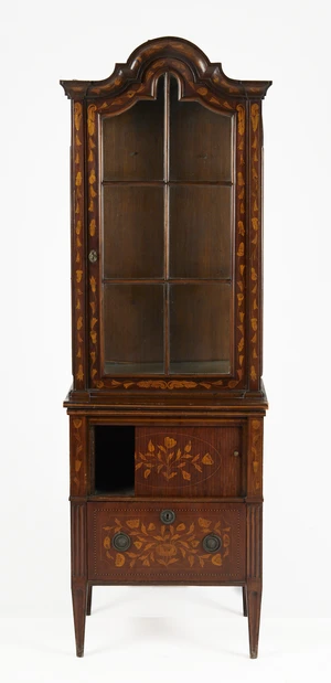 A Dutch marquetry and walnut display cabinet, last quarter 19th century, the arched pediment...