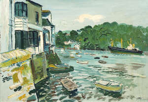Fred Yates, 
		British 1922-2008-
		 
		Harbour scene;
		 
		oil on board, signed, 45x65cm, (ARR)
		 
