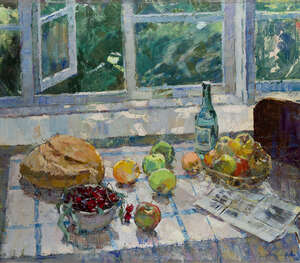 
	
		Nina Siepnovna Dragomirova,  
		
		Russian b.1926- 
		 
		 
		Still Life on a table...