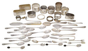 
	
		A group of small silver including: nine silver napkin rings, a set of ten coffee spoons...