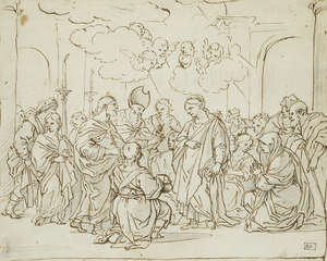 Attributed to Pietro da Cortona, 
		Italian 1596-1669- 
		 
		The Presentation at the Temple; 
		 
		pen and brown ink and pencil on laid paper, bears t
