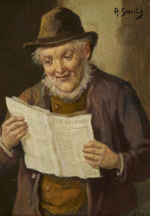 
	
		Hobbe Smith, 
		Dutch 1862-1942-
		Man reading 'Le Journal';
		oil on canvas, signed,...