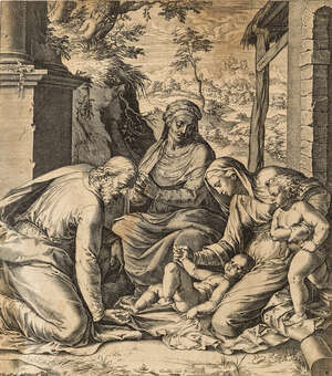 Cornelis Cort, 
		Dutch c. 1533-c.1578- 
		 
		The Holy Family with Saints Anne and John the Baptist; 
		 
		engraving, signed within the plate, 26.5 x 