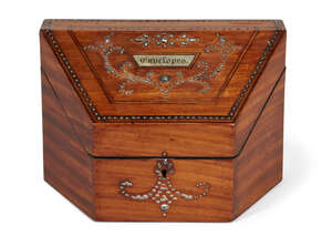 
	
		A French satinwood and cut-steel slope-front lidded 'Envelopes' box, 19th century,...