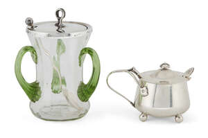 
	
		A William Hutton & Sons silver mounted glass preserve jar with cover and spoon 
		Mark...