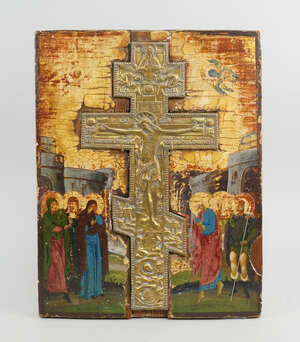 
	
		A Russian Icon, 18th/19th century, depicting Mary, Mary Magdalen, John and others in an...