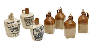 
	
		Three Scottish printed pottery stoneware bottles, all Glasgow pottery, late 19th century,...
