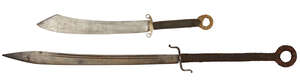 
	
		Two Chinese double-handed swords, 19th century and WWII period, 134cm and 82cm long...
