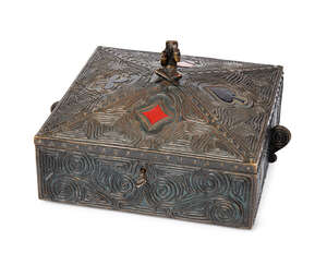 
	
		A cold-painted bronze card box, possibly American
		First quarter 20th Century
		Bronze...