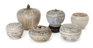
	
		Six large Thai Sawankhalok circular boxes and covers, 16th century, five painted in...