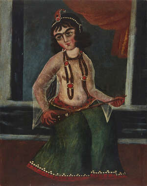 
	
		A Qajar oil painting of a young female musician, Iran, late 19th century, depicted...