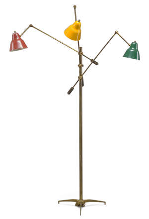 
	
		Italian, a brass three light standard lamp, In the manner of Stilnovo  
		c.1950  
		