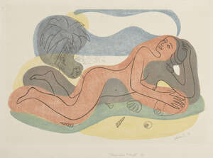 
	
		Leon Underwood,
		British 1890-1975-
		 
		Mexican Idyll, 1936;
		 
		linocut in colours...