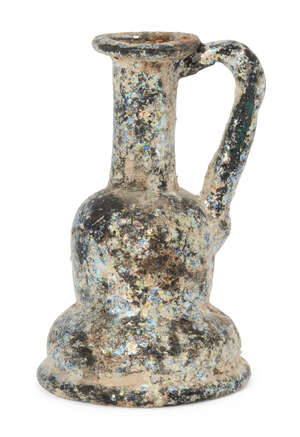 
	
		Six glass vessels including an unguentarium with tall cylindrical neck and applied trail,...