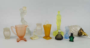 A frosted glass figure of a kneeling lady, 20th century, probably a candlestick, converted to a lamp with a flaming torch light holder, the base 23cm high, tog