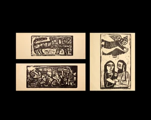 Narayan Badri (Indian 1929-2013), 
Three woodcuts on card;
Homage to Birth; Untitled, man and...