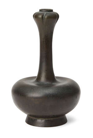 
	
		A Chinese bronze 'garlic-mouth' small vase, 19th century, with squat body to long slender...