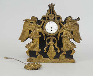 
	
		An Empire style gilt metal mounted and ebonised clock, elements 18th century, the front...
