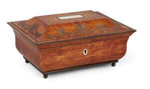 
	
		A French satinwood and cut-steel sewing necessaire, 19th century, of sarcophagus and ogee...