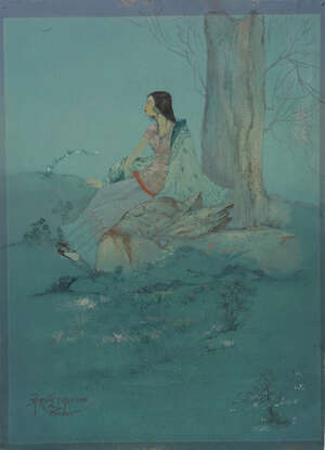 
	
		A Bengal school painting of a seated female within a landscape, signed lower left in...