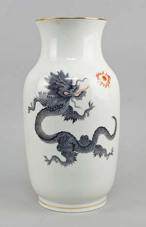 
	
		A Meissen porcelain 'Grey Ming dragon' pattern vase, mid/late 20th century, blue crossed...