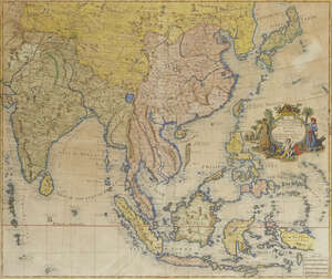 John Senex, 
		British 1678-1740- 
		 
		A New Map of India & China from the Latest Observation, 1721; 
		 
		hand-coloured engraved map on laid paper, 