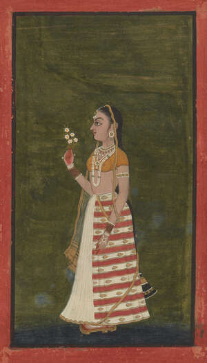 
	
		standing portrait of a lady holding a flower sprig, probably Bundi, Rajasthan, 18th...