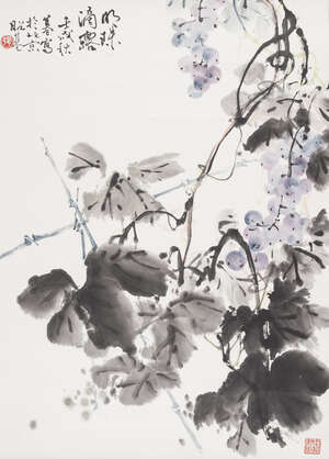 
	
		XU HUAYI (20th century), ink and colour on paper, hanging scroll, grapes and vines, 66cm...