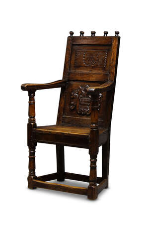 
	
		A Charles II oak armchair, the twin-panelled back initialled and dated 1667, with applied...