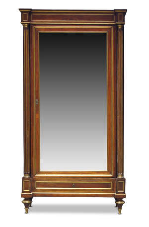 
	
		A French mahogany and brass inlaid armoire, c.1870, with bevelled mirrored door,...