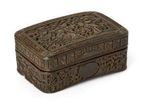 
	
		A Chinese tortoiseshell snuff box, 19th century, carved with scholars and attendants in...