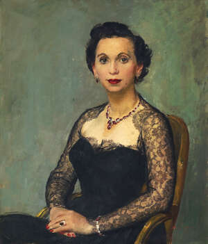 Henry Marvell Carr RA RP RBA, 
		British 1894-1970-
		 
		Portrait of Mrs Theodore Baron seated three-quarter length in a black dress;
		 
		oil on canv