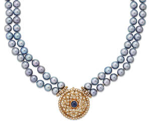 
	
		A cultured  pearl necklace with sapphire and diamond clasp, the double uniform row of...