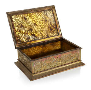 
	
		Tiffany Studios (American), a bronze and glass Pine cone pattern box with hinged cover...