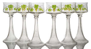 
	
		A Set of Six enamelled Bohemian hock glasses  
		c.1905 
		Each bowl painted in colours...