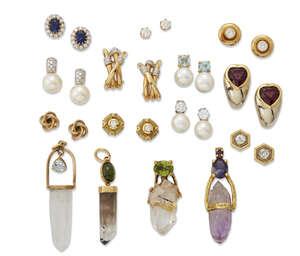 
	
		A collection of eleven pairs of diamond and gem-set earrings, including a pair of garnet...