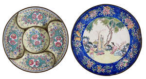 
	
		A Chinese Canton enamel dish and an hors d'oeuvres dish, late 18th century, the hors...