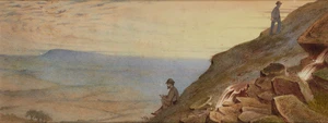 British school,&nbsp;19th century-&nbsp;
Figures on a cliff;&nbsp;
pencil and watercolour on paper, 15 x 39...